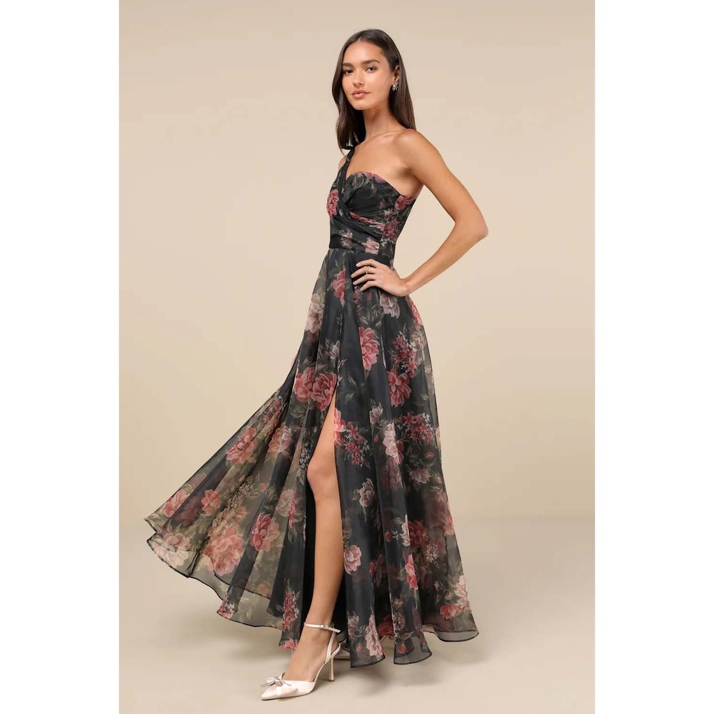 Lulus Truly Extraordinary Black Floral Organza One-Shoulder Maxi Dress Large - Picture 4 of 8